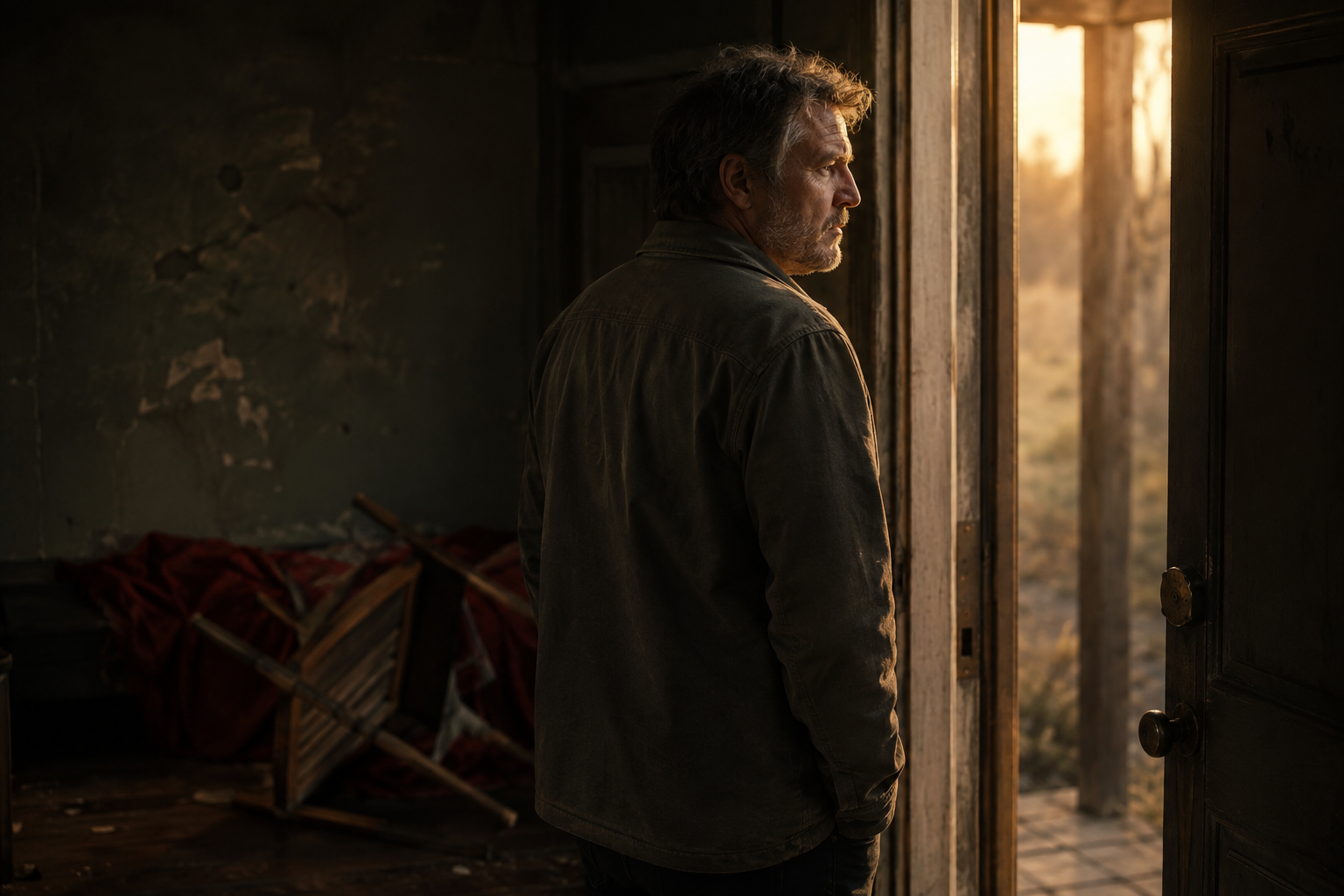 A middle-aged man stands in warm light at an open doorway while a dim, weathered room remains behind him