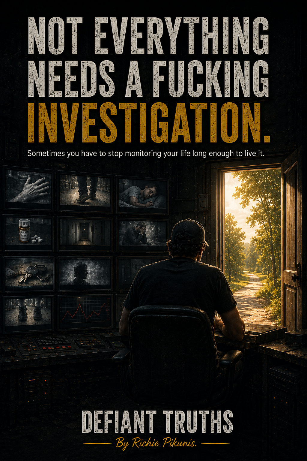 A man sits inside a dark body surveillance control room filled with monitors tracking Parkinson’s symptoms while an open door leads toward bright daylight