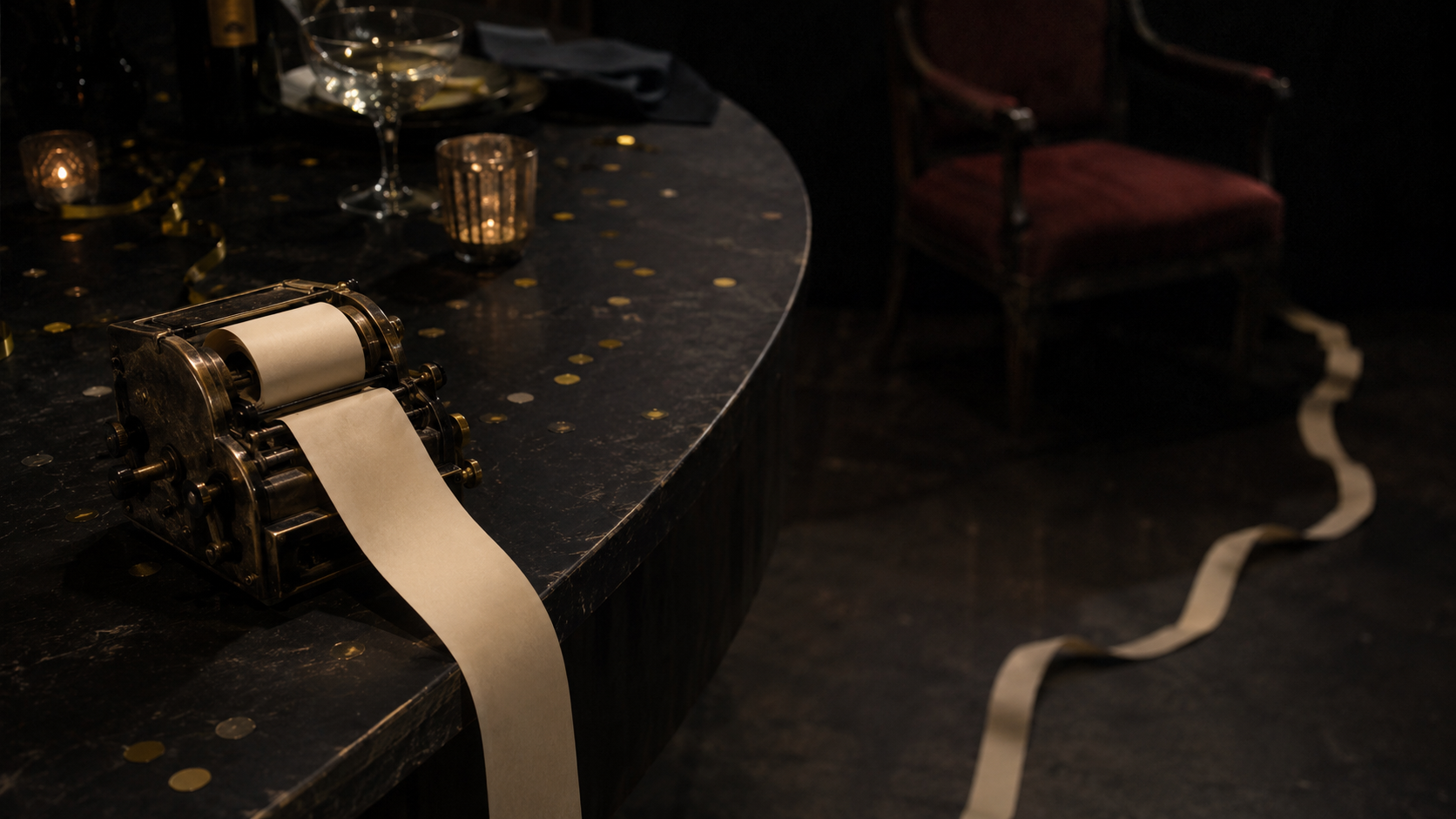 A vintage brass receipt printer feeds a long blank ivory receipt across an after-event table toward an empty crimson chair and into charcoal darkness