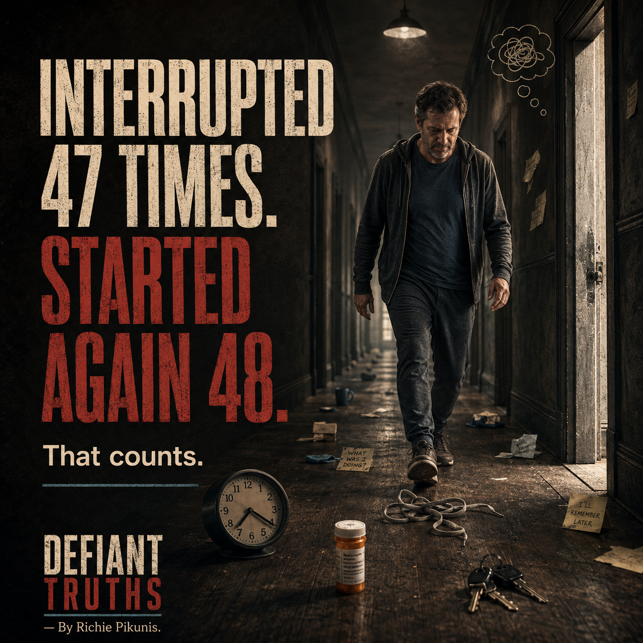 A man continues down a long hallway scattered with clocks, medication, keys, tangled laces, and other small interruptions