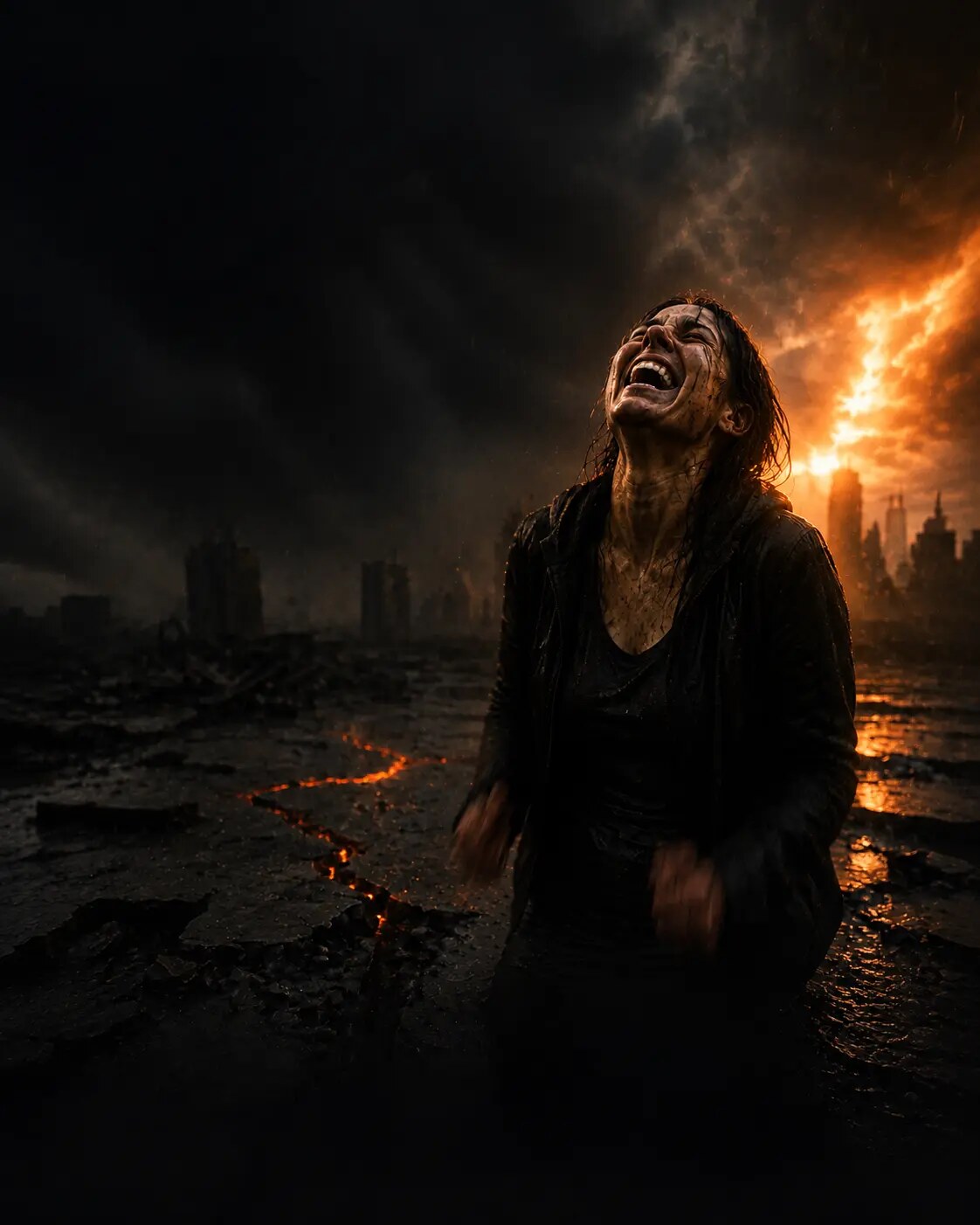 Rain-soaked adult laughing fiercely as red-orange light breaks through a storm-dark city