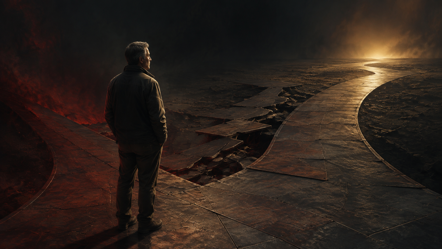 A middle-aged man stands calmly where shifting floor panels form a changed path toward warm light