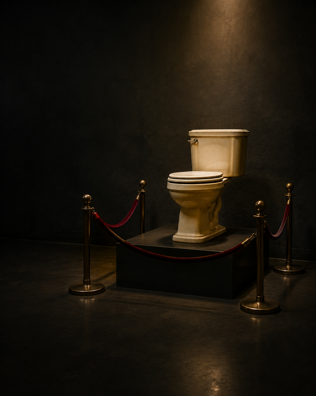 An antique porcelain toilet displayed like a priceless sculpture on a black museum pedestal behind a deep-crimson velvet rope under a warm-gold spotlight