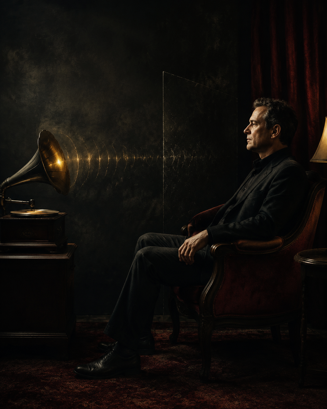 A glowing vintage record player sends golden sound ripples toward an alert seated man, but the ripples dissolve against a transparent barrier before reaching him