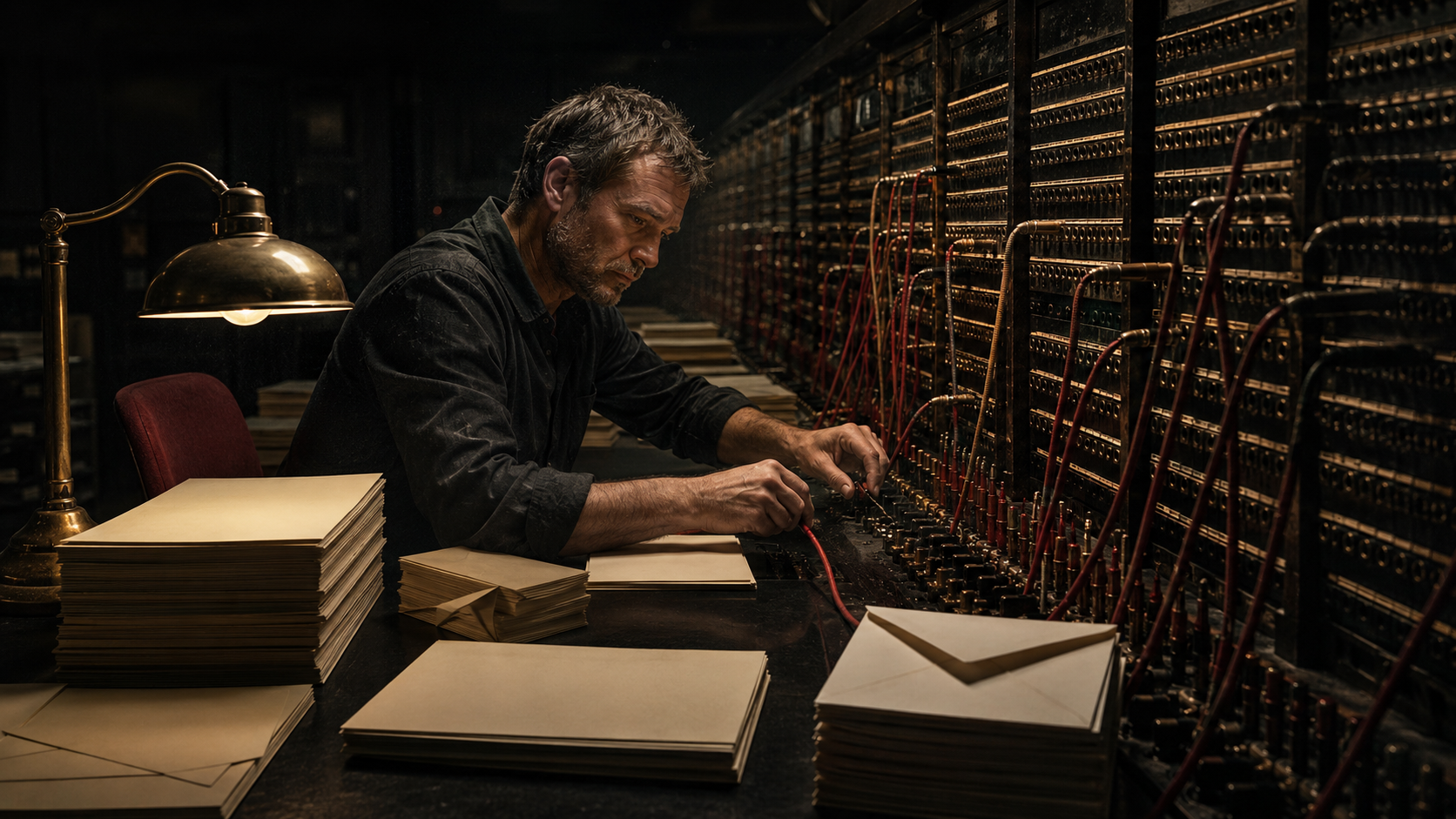 A tired middle-aged man works alone at a vintage telephone switchboard tangled with crimson and gold cords beside stacks of blank ivory forms late at night