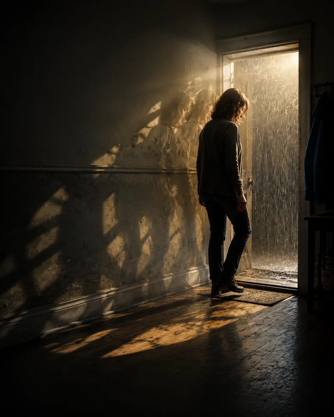 Adult frozen at a rain-lit doorway with faint motion echoes and contradictory amber light