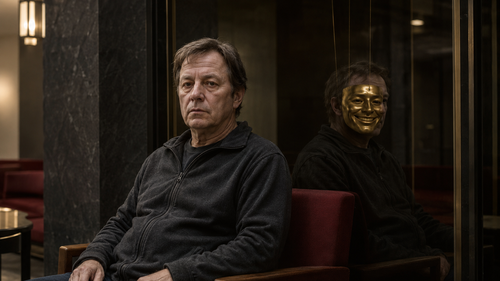 A tired, unsmiling man sits upright in a dark clinical waiting area while his reflection behind him wears an artificial golden smile mask held by thin strings