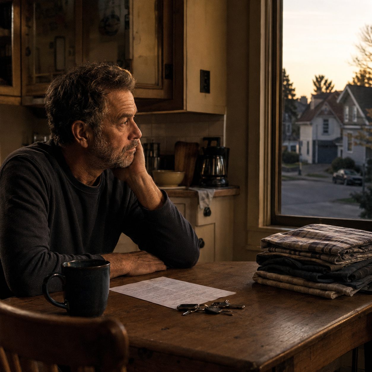 A tired middle-aged man sits quietly at a modest kitchen table at the end of the day, surrounded by ordinary unfinished tasks while warm evening light enters through the window.