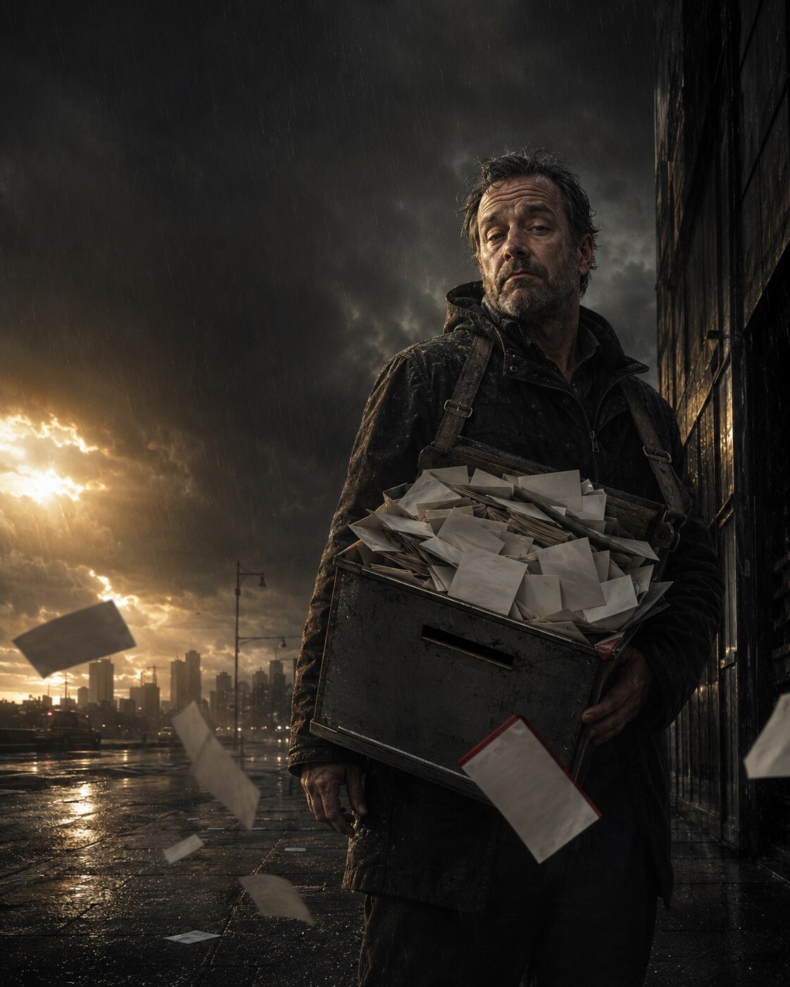 A rain-soaked man carries an overflowing battered suggestion box through a storm-dark city as blank notes blow away