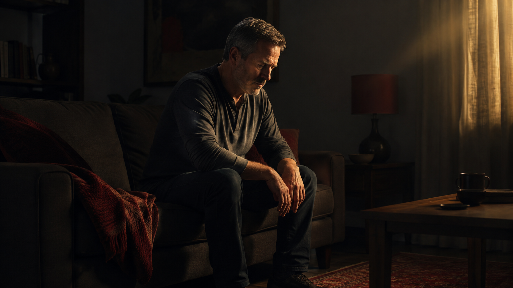 A tired middle-aged man rests on the edge of a couch before exhaustion becomes collapse