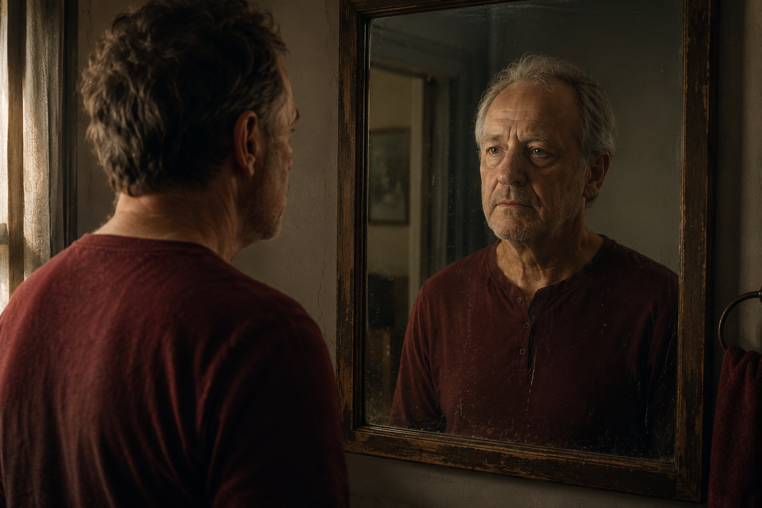 A middle-aged man stands before a mirror whose reflection subtly suggests an earlier version of himself