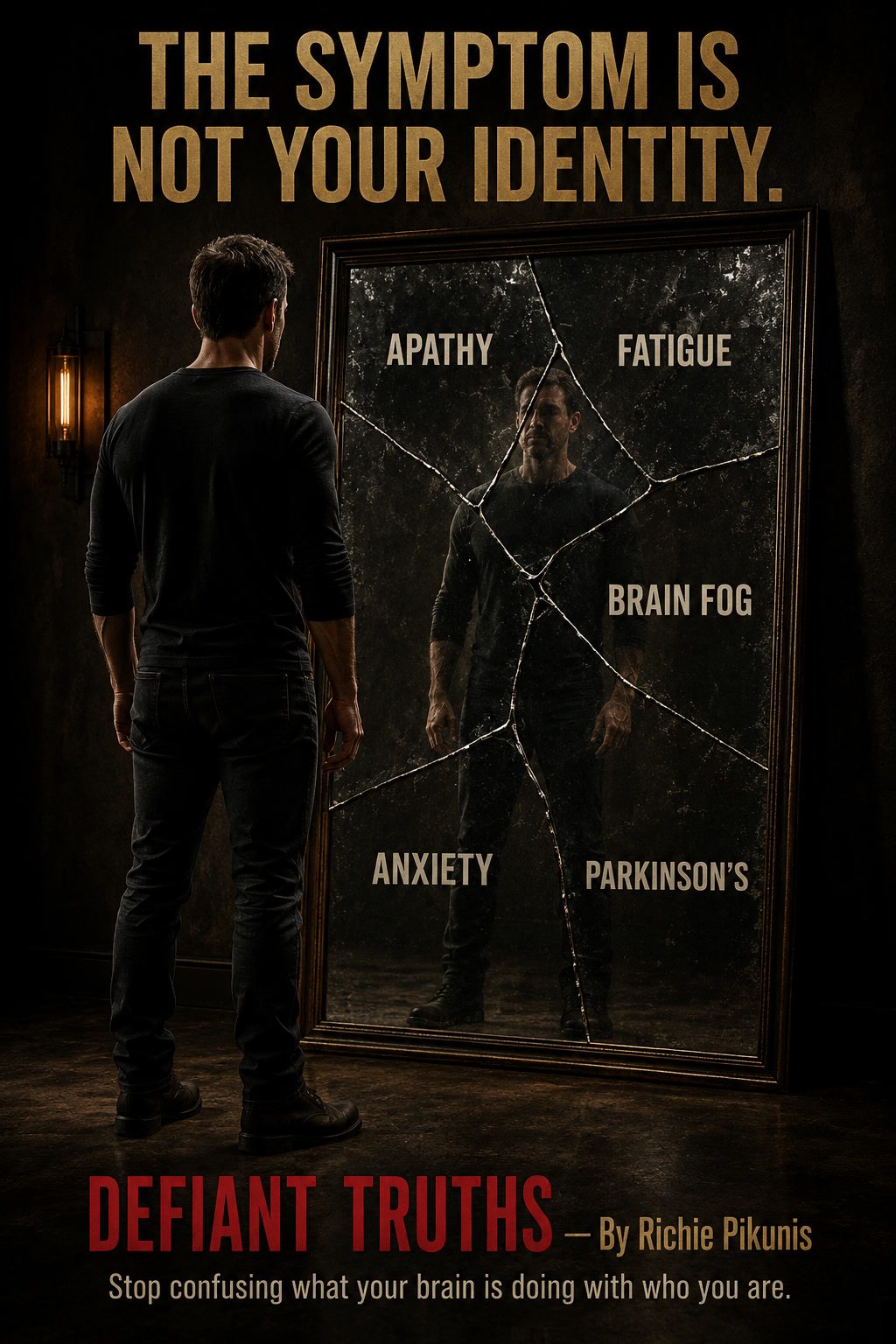 A clear, whole man stands before a fractured mirror whose sections represent Parkinson’s symptoms