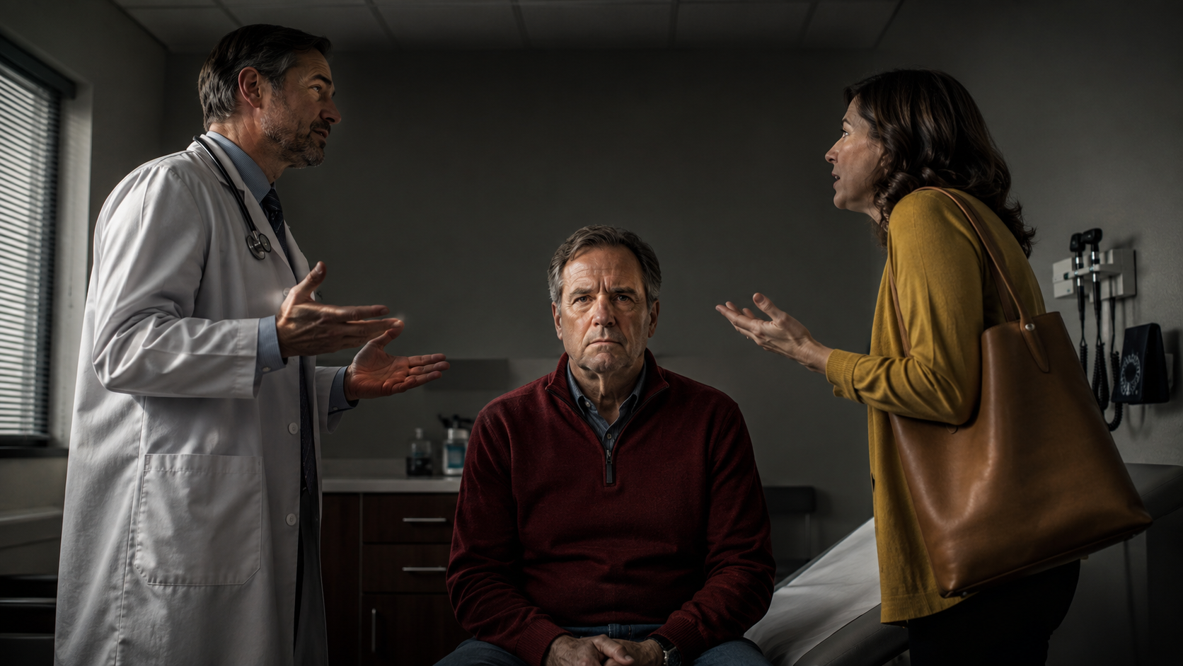 An alert middle-aged man sits centered in a medical exam room while a clinician and companion speak across him instead of to him