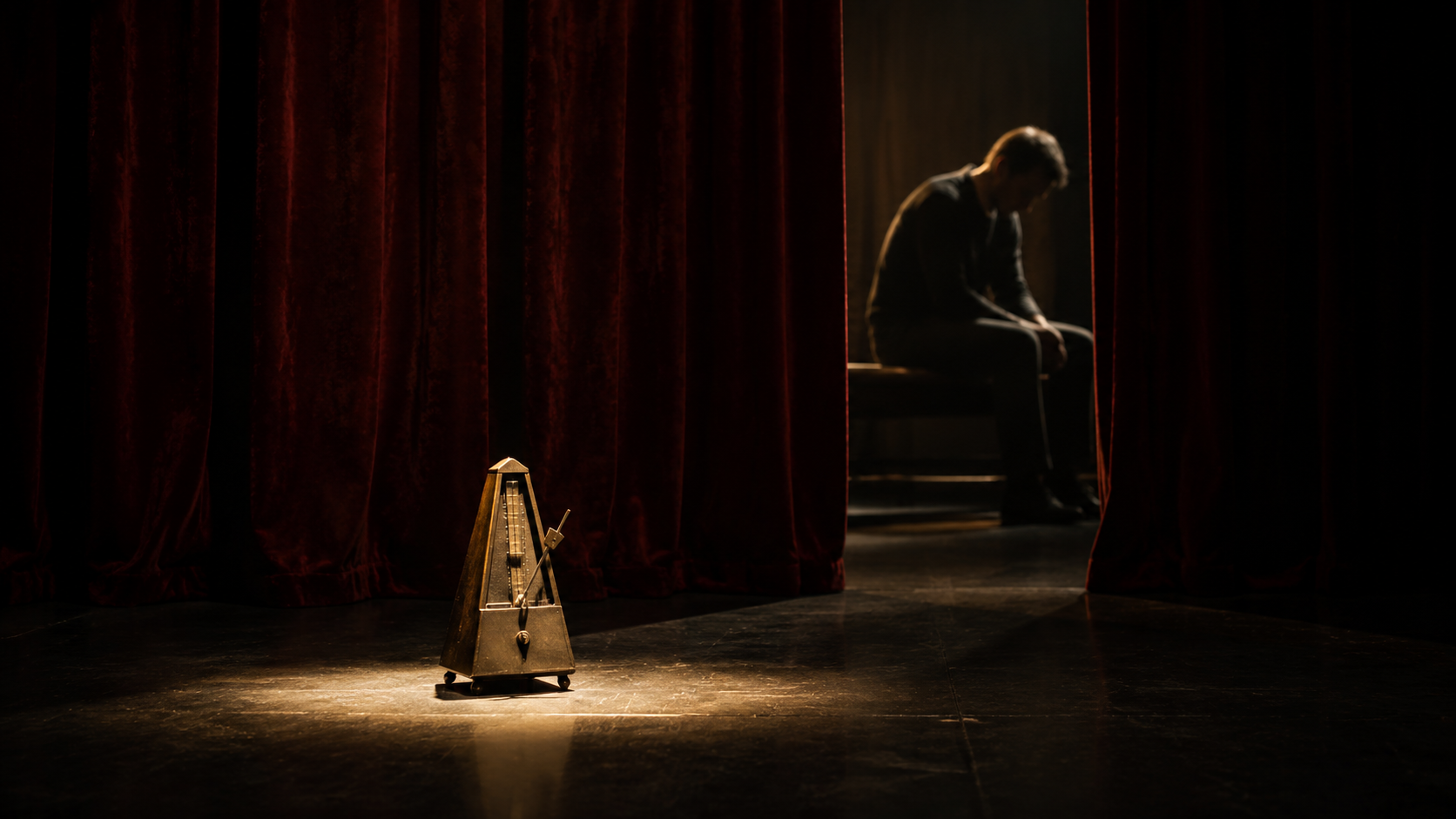A brass metronome receives a bright gold spotlight on a black stage while a rigid seated figure remains mostly unseen behind a deep-crimson curtain