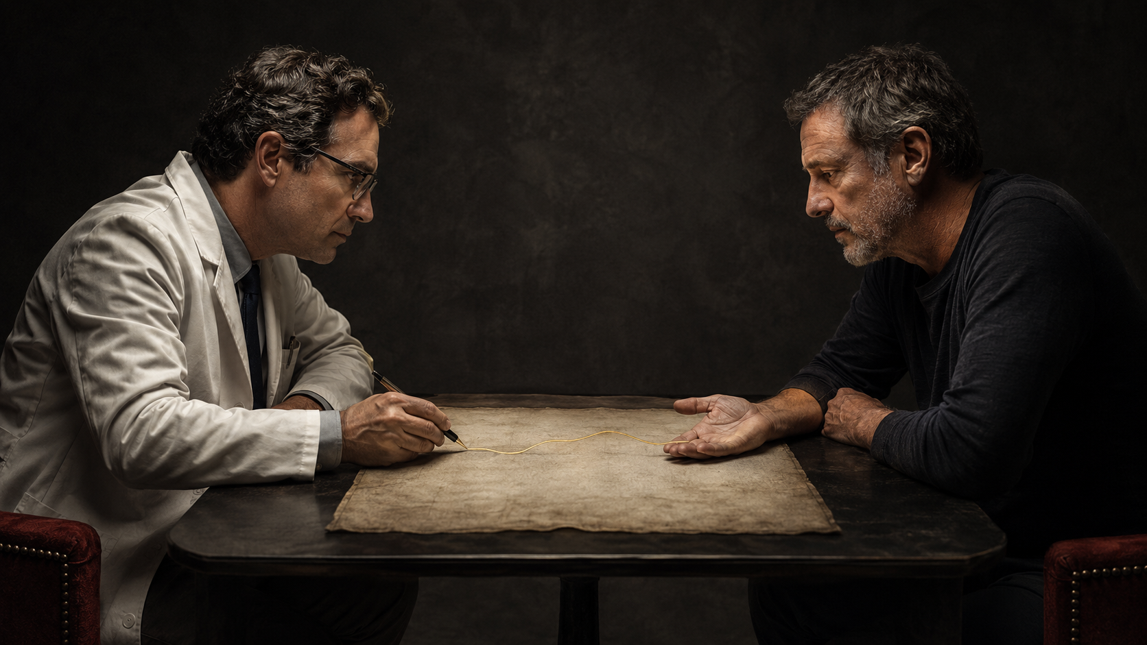 A neurologist and a middle-aged man sit at the same height across a dark table, leaning toward one shared weathered sheet connected by a single gold line