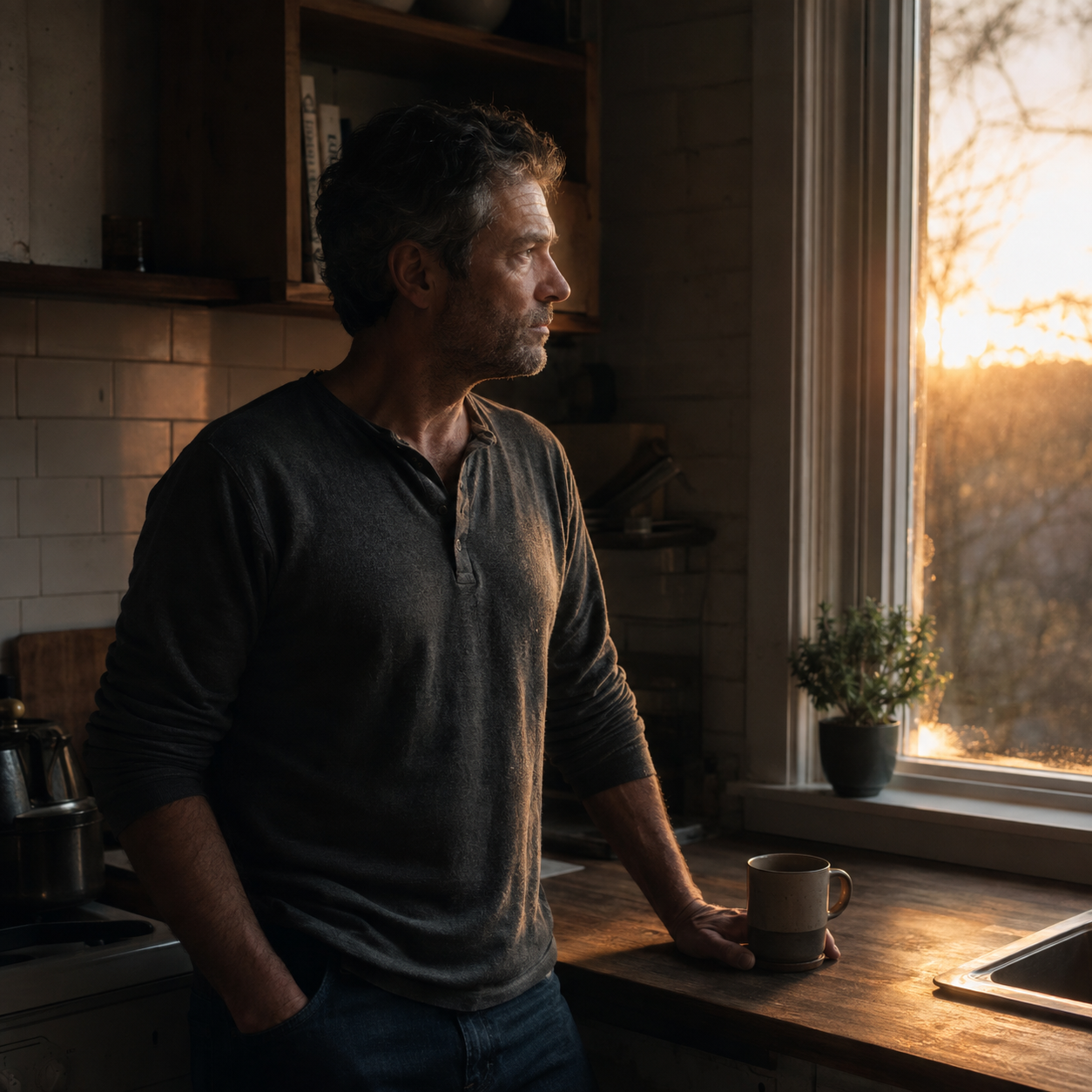 A weathered middle-aged man stands quietly in a dark kitchen at sunrise with one hand on the counter, an untouched cup of coffee nearby, and warm light entering through the window.